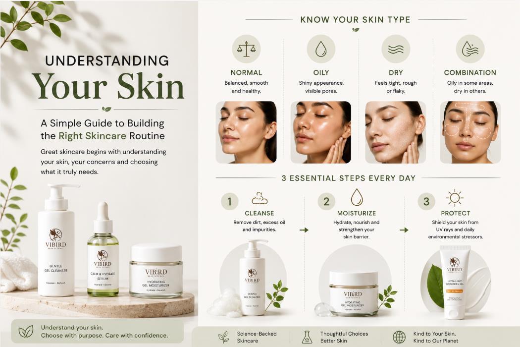 Understanding Your Skin infographic — know your skin type, and three essential steps: cleanse, moisturize, protect